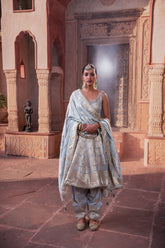 Ice Blue Tissue Hand Embellished Kalidar Anarkali Set